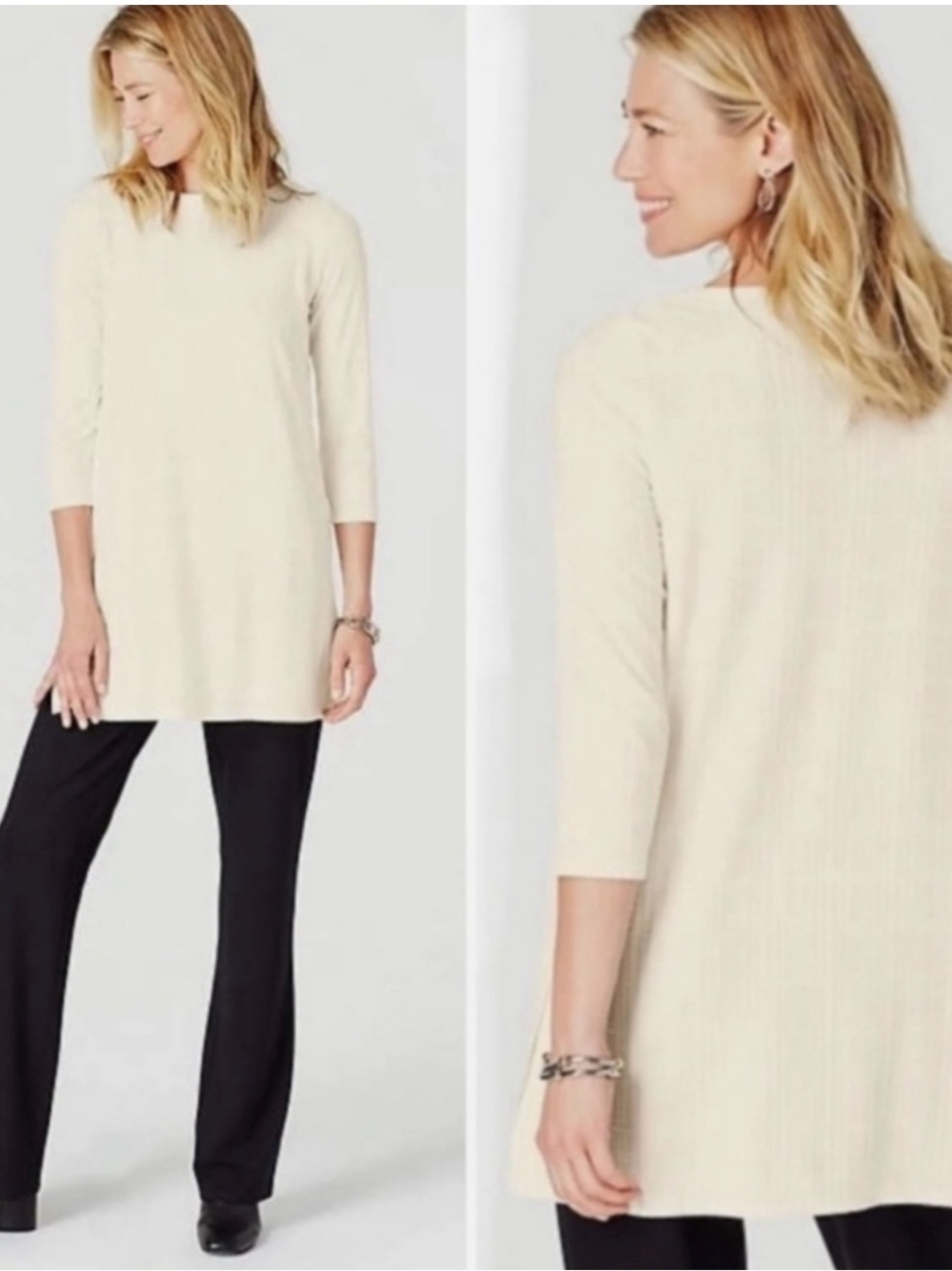 J.Jill Wearever Textured A-Line Tunic Top Ivory 3/4 Sleeve Size M